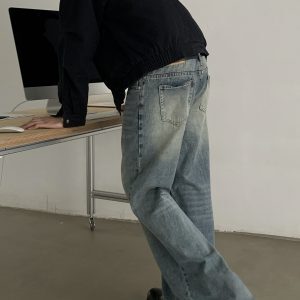 Vintage Washed Distressed Clean Fit Unisex Straight Leg Jeans - Trendy High-End Casual Pants for a Timeless Look