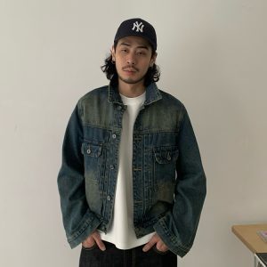 Vintage Washed Distressed Denim Jacket Unisex Short Flared Sleeve 90s Style Outerwear