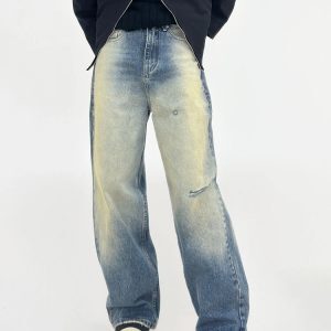 Vintage Washed Distressed Denim Pants for Men - Loose Straight Wide-Leg Casual Trousers, 90s Inspired Fashion