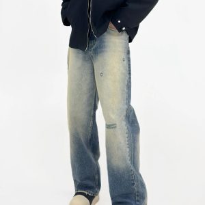 Vintage Washed Distressed Denim Pants for Men - Loose Straight Wide-Leg Casual Trousers, 90s Inspired Fashion