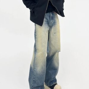 Vintage Washed Distressed Denim Pants for Men - Loose Straight Wide-Leg Casual Trousers, 90s Inspired Fashion