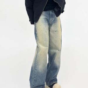 Vintage Washed Distressed Denim Pants for Men - Loose Straight Wide-Leg Casual Trousers, 90s Inspired Fashion