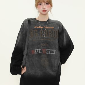Vintage Washed Distressed Long Sleeve Tie-Dye T-Shirt for Women - Trendy American Style Loose Fit Couple Top
