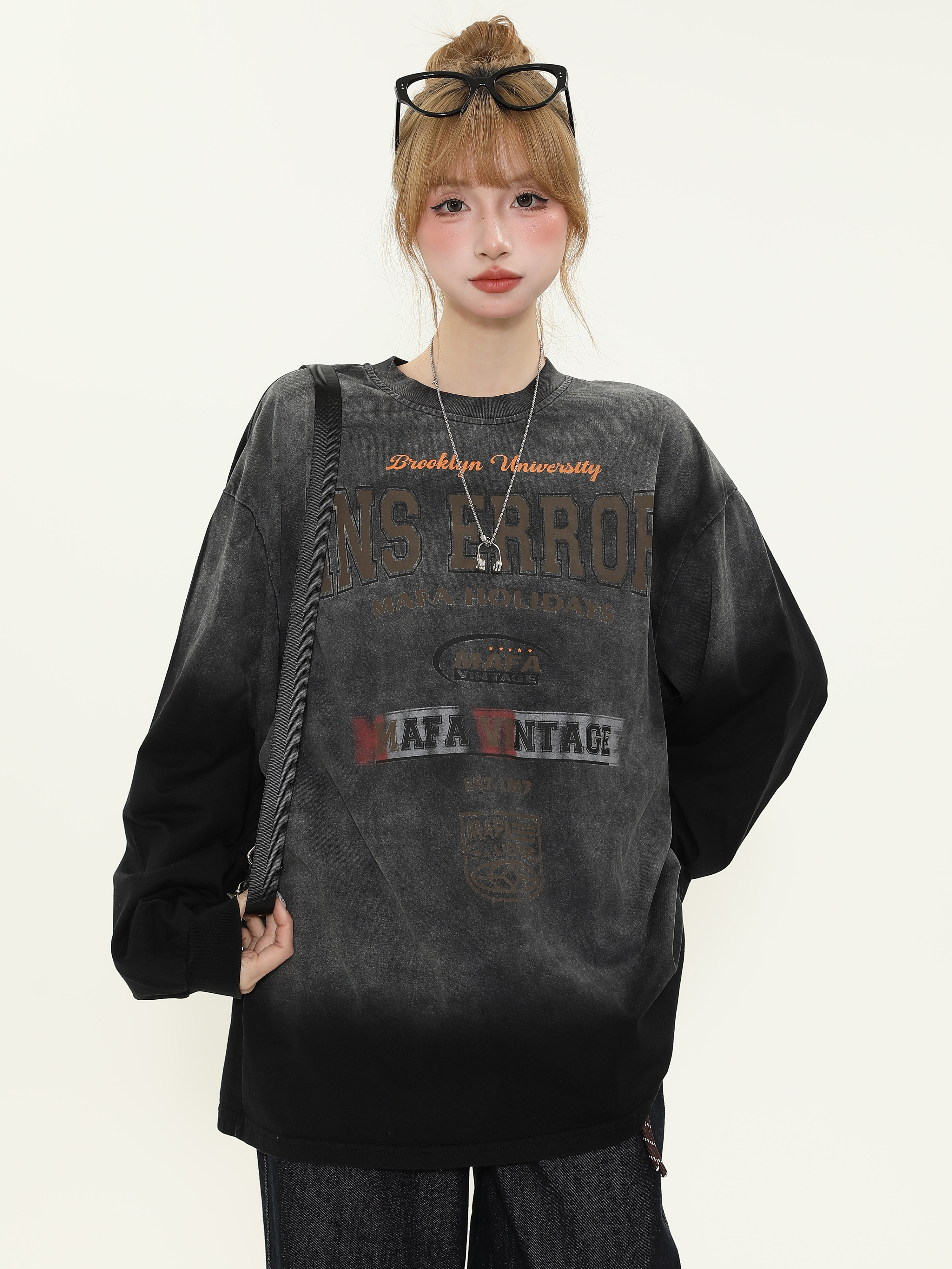 Vintage Washed Distressed Long Sleeve Tie-Dye T-Shirt for Women - Trendy American Style Loose Fit Couple Top