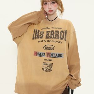 Vintage Washed Distressed Long Sleeve Tie-Dye T-Shirt for Women - Trendy American Style Loose Fit Couple Top
