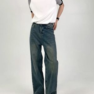 Vintage Washed Distressed Loose Straight-Leg Dark Blue Jeans for Men and Women - Versatile Wide-Leg Style for Spring/Summer 2024