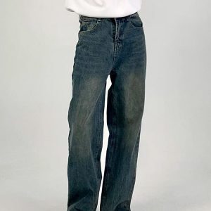Vintage Washed Distressed Loose Straight-Leg Dark Blue Jeans for Men and Women - Versatile Wide-Leg Style for Spring/Summer 2024