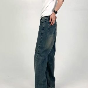 Vintage Washed Distressed Loose Straight-Leg Dark Blue Jeans for Men and Women - Versatile Wide-Leg Style for Spring/Summer 2024
