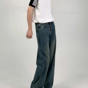 Vintage Washed Distressed Loose Straight-Leg Dark Blue Jeans for Men and Women - Versatile Wide-Leg Style for Spring/Summer 2024