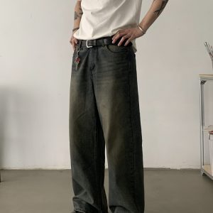 Vintage Washed Distressed Loose Straight-Leg Jeans for Men and Women - American Style Cleanfit Long Pants
