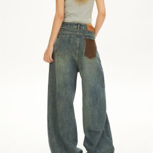 Vintage Washed Distressed Slim High-Waisted Jeans & Loose Draped Floor-Length Wide-Leg Pants for Women - Spring Autumn Fashion