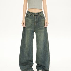 Vintage Washed Distressed Slim High-Waisted Jeans & Loose Draped Floor-Length Wide-Leg Pants for Women - Spring Autumn Fashion