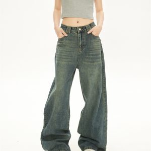 Vintage Washed Distressed Slim High-Waisted Jeans & Loose Draped Floor-Length Wide-Leg Pants for Women - Spring Autumn Fashion
