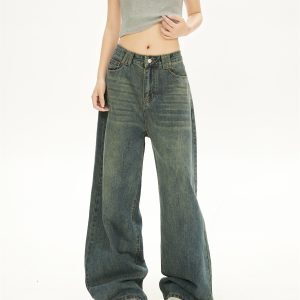 Vintage Washed Distressed Slim High-Waisted Jeans & Loose Draped Floor-Length Wide-Leg Pants for Women - Spring Autumn Fashion
