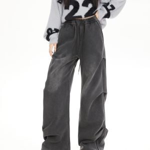 Vintage Washed Gray Pleated Wide-Leg Denim Pants for Women - American Style, Draped Loose Fit, Spring & Autumn Sports Fashion