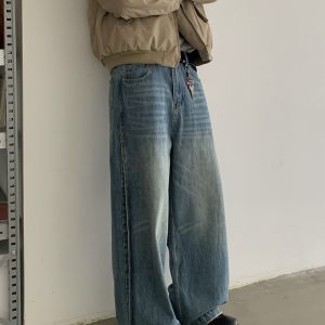 Vintage Washed Loose Curved Blade Jeans for Men and Women - Trendy Wide-Leg High-End Arc Casual Pants