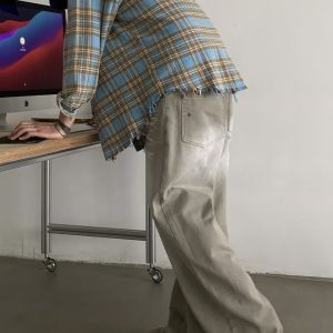 Vintage Washed Loose Straight Cat Whisker Jeans for Men and Women - Clean Fit Long Pants, Trendy American Style Fashion