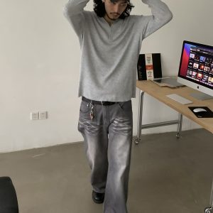 Vintage Washed Loose Straight Cat Whisker Jeans for Men and Women - Clean Fit Long Pants, Trendy American Style Fashion