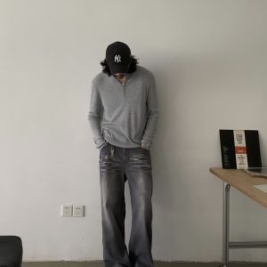 Vintage Washed Loose Straight Cat Whisker Jeans for Men and Women - Clean Fit Long Pants, Trendy American Style Fashion