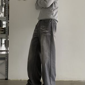 Vintage Washed Loose Straight Cat Whisker Jeans for Men and Women - Clean Fit Long Pants, Trendy American Style Fashion