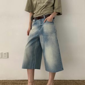 Vintage Washed Loose Straight-Leg Denim Shorts for Men and Women - Trendy 90s American Style Casual Retro Seven-Point Shorts