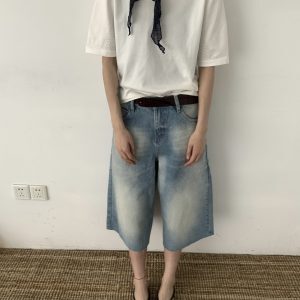 Vintage Washed Loose Straight-Leg Denim Shorts for Men and Women - Trendy 90s American Style Casual Retro Seven-Point Shorts