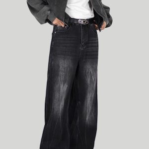 Vintage Washed Straight Leg Jeans for Men, Cleanfit Loose Wide-Leg Casual Pants, 90s Inspired Floor-Length Fashion Bottoms