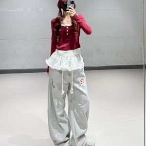 Vintage Wine Red Lace Spliced Short Top with Gray Casual Curved Blade Pants - Stylish Thin Dance Sports Outfit for Y2K Vibes
