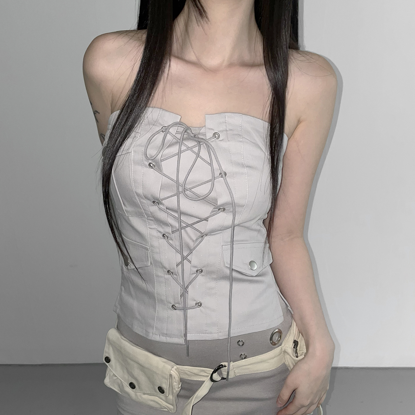 Vintage Workwear Lace-Up Strapless Top for Women - Off-Shoulder Sexy Zipper Slim Fit Short Top, Y2K Fashion Style