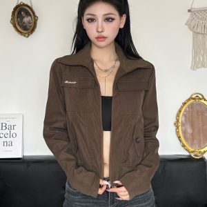 Vintage Workwear Style Zipper Collar Jacket for Women - Slim Fit with Pockets, 90s Inspired Fashion