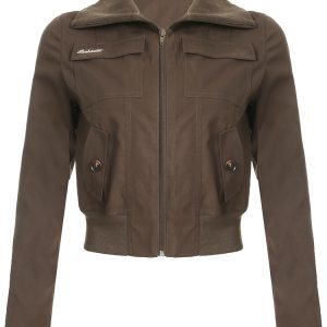 Vintage Workwear Style Zipper Collar Jacket for Women - Slim Fit with Pockets, 90s Inspired Fashion