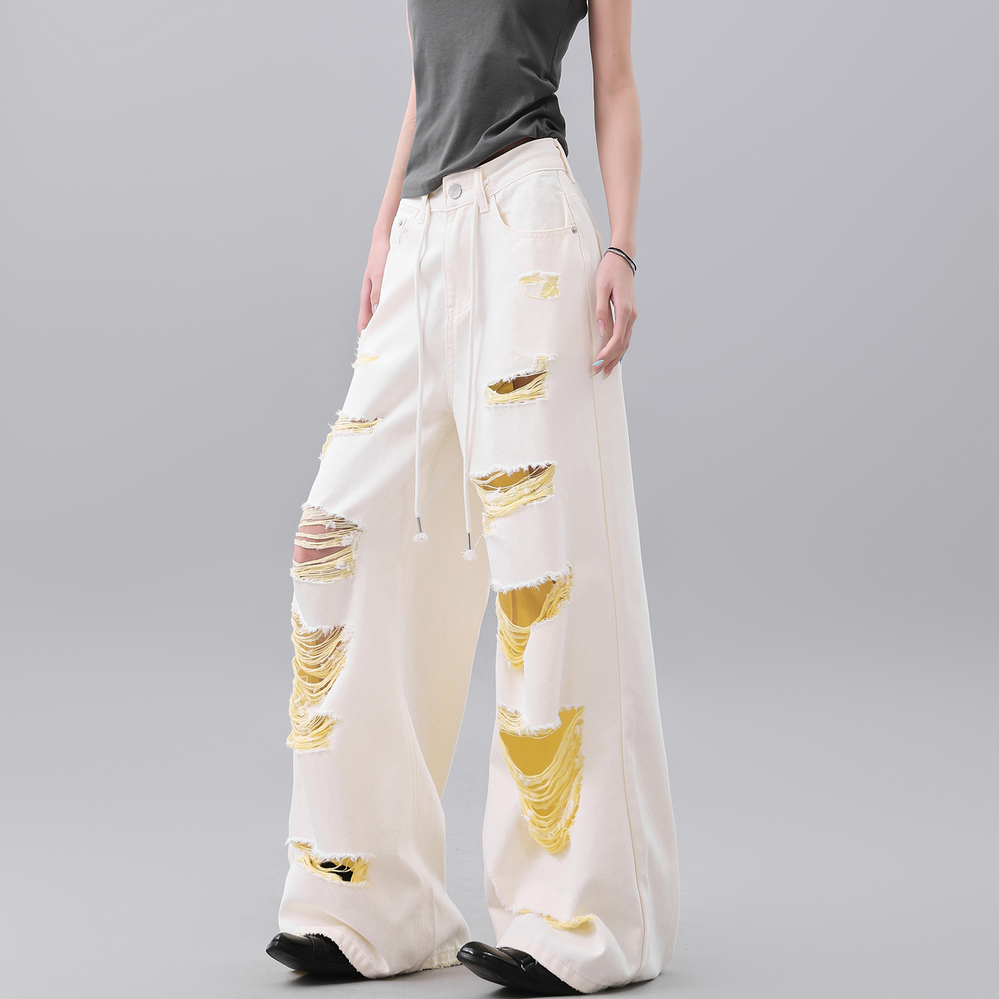 Vintage Yellow Ripped Jeans for Women - Summer Irregular Wash Straight Wide-Leg Pants, 90s Y2K Style Fashion