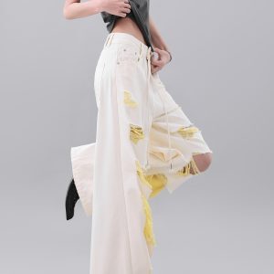 Vintage Yellow Ripped Jeans for Women - Summer Irregular Wash Straight Wide-Leg Pants, 90s Y2K Style Fashion