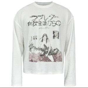 Waffle Sleeve Long Sleeve T-shirt with Rock Illustration Print - Trendy Casual Top for Y2K and 90s Inspired Looks