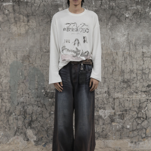 Waffle Sleeve Long Sleeve T-shirt with Rock Illustration Print - Trendy Casual Top for Y2K and 90s Inspired Looks