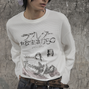 Waffle Sleeve Long Sleeve T-shirt with Rock Illustration Print - Trendy Casual Top for Y2K and 90s Inspired Looks