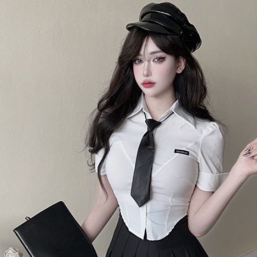 Waist-Cinching Short White Shirt with Pleated Mini Skirt - Sexy JK Uniform Style Short Sleeve Blouse for Hot Girl Night Out