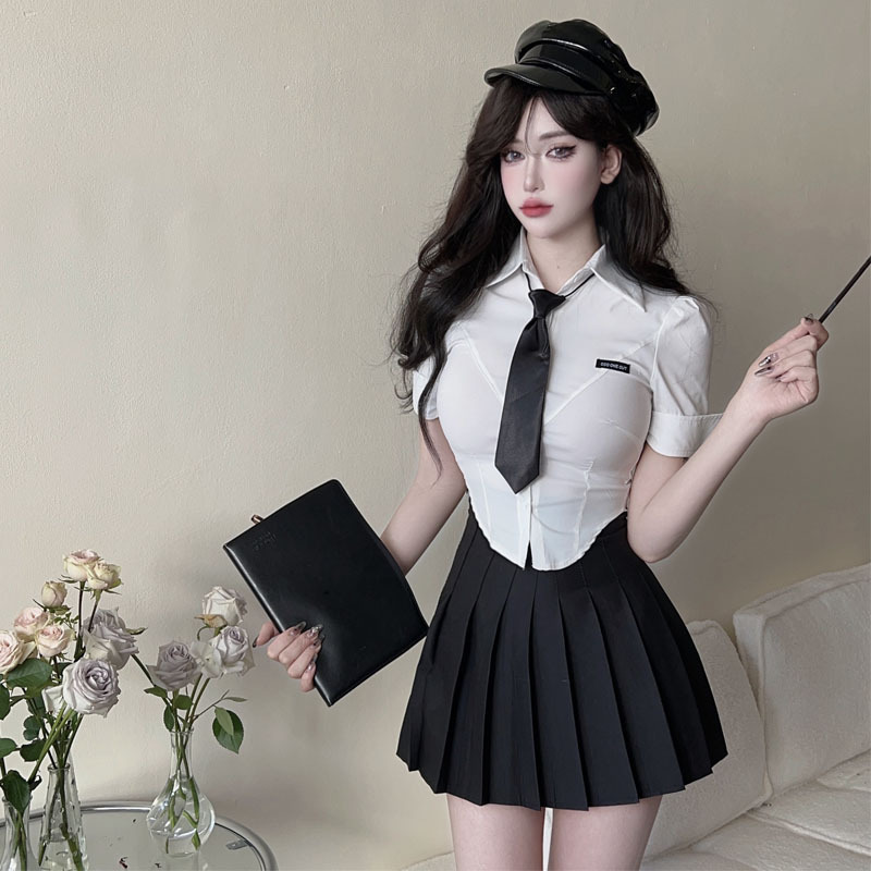 Waist-Cinching Short White Shirt with Pleated Mini Skirt - Sexy JK Uniform Style Short Sleeve Blouse for Hot Girl Night Out