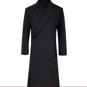 Waist-Defined Double-Breasted Overcoat with Shoulder Pads and Curved Sleeves - Chic Suit Fabric Dress Coat for Modern Style
