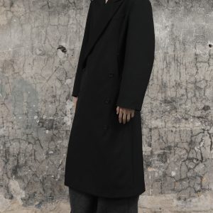 Waist-Defined Double-Breasted Overcoat with Shoulder Pads and Curved Sleeves - Chic Suit Fabric Dress Coat for Modern Style