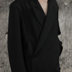 Waist-Defined Double-Breasted Overcoat with Shoulder Pads and Curved Sleeves - Chic Suit Fabric Dress Coat for Modern Style