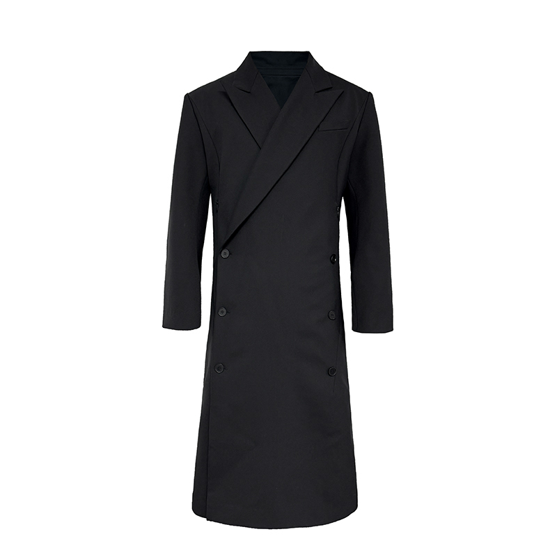 Waist-Defined Double-Breasted Overcoat with Shoulder Pads and Curved Sleeves - Chic Suit Fabric Dress Coat for Modern Style