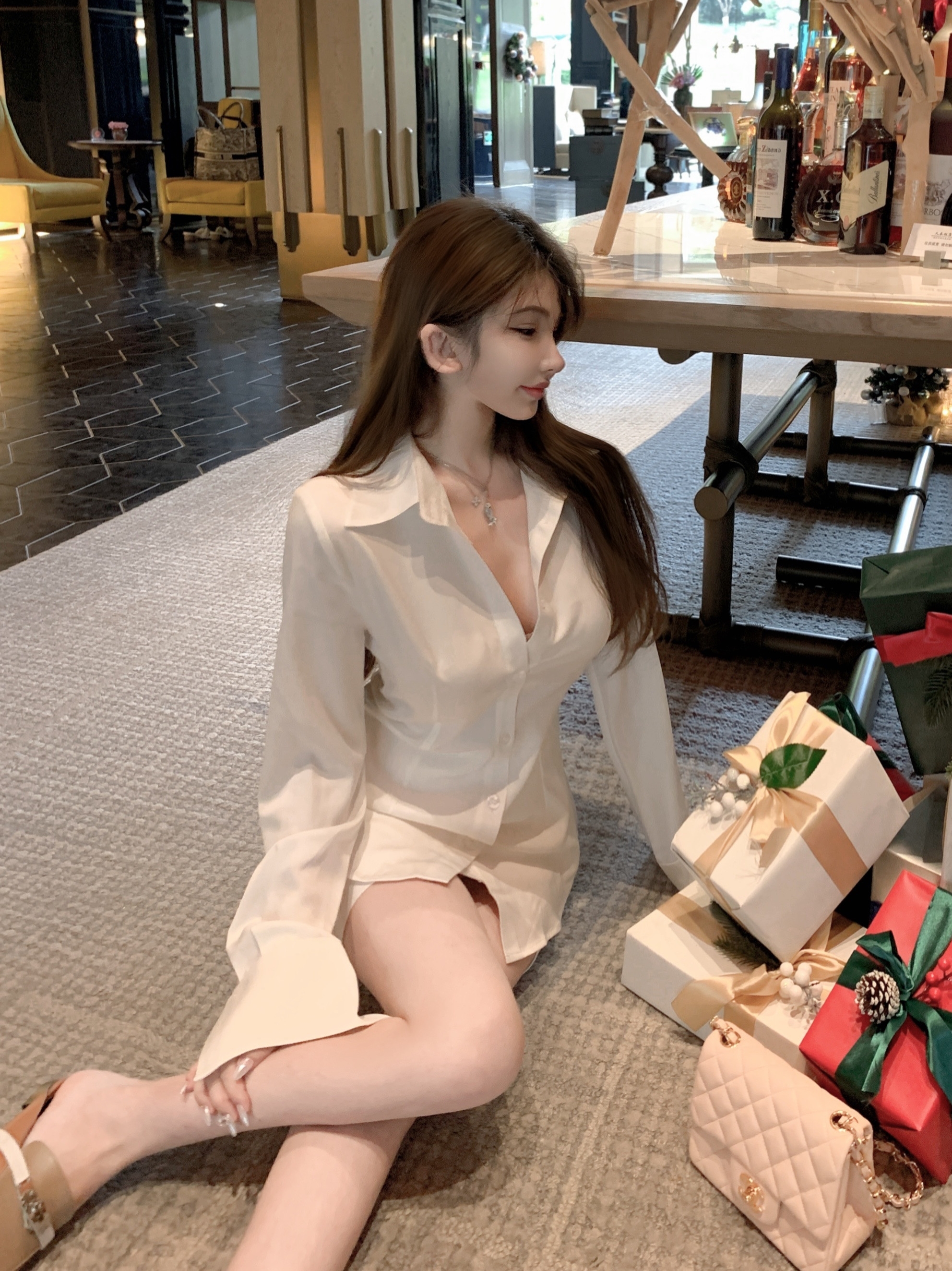 Waistline-Cinched Sexy Lapel Satin Acetate White Shirt - Korean Style Girlfriend Look