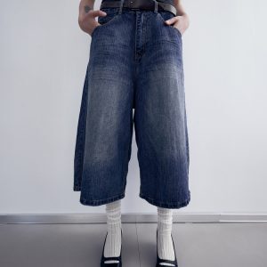 Washed Bamboo Stripe 3/4 Denim Pants for Men and Women - Unisex High Street Straight Shorts - Vintage 90s Style Fashion