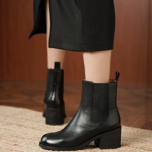 Washed Cowhide Chelsea Short Boots - 2023 Winter Mid-Heel Chunky Ankle Boots in Genuine Leather