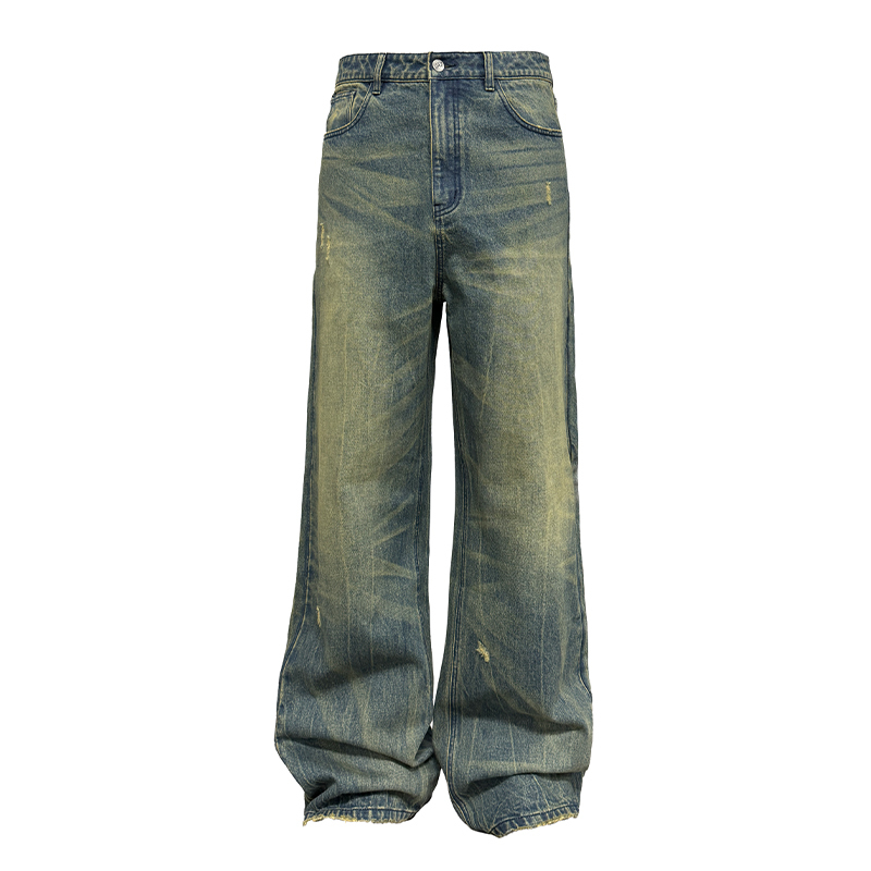 Washed Denim Nevada Jeans with Irregular Wash, Natural Whiskers, Straight Loose Fit - Trendy Casual Style