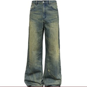 Washed Denim Nevada Jeans with Irregular Wash, Natural Whiskers, Straight Loose Fit - Trendy Casual Style