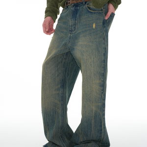 Washed Denim Nevada Jeans with Irregular Wash, Natural Whiskers, Straight Loose Fit - Trendy Casual Style