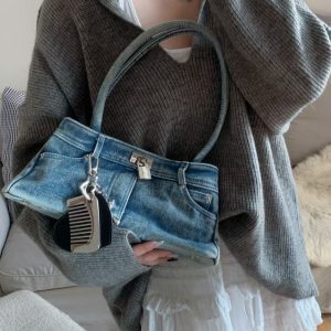 Washed Denim Retro Handheld Underarm Bag with Mirror Pendant – Fashionable Y2K Shoulder Bag for Women