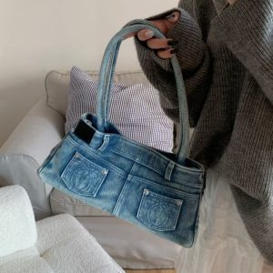 Washed Denim Retro Handheld Underarm Bag with Mirror Pendant – Fashionable Y2K Shoulder Bag for Women